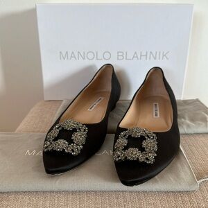 Manolo Blahnik Hangisi Crystal-Buckle Satin Flat